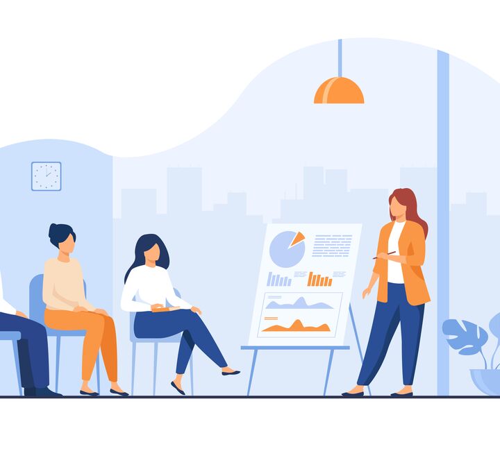 Illustrasjon av en person som presenterer noe foran 3 andre.