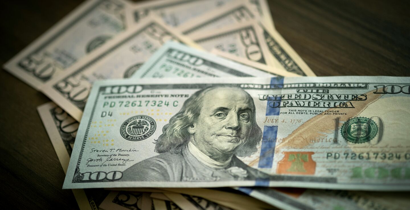 Amerikanske dollarsedler mot en bakgrunn av tre