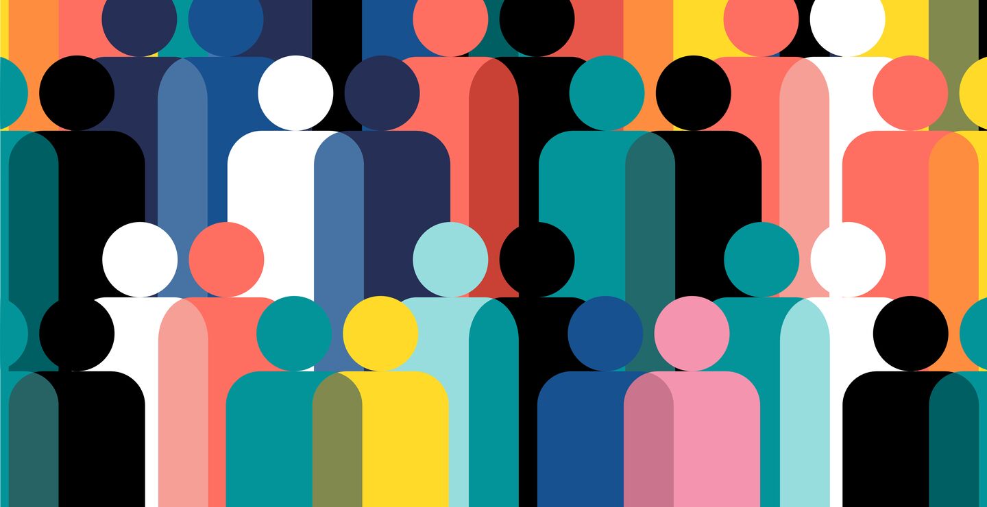 Geometric illustration of multi coloured human figures.