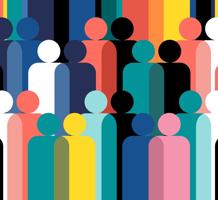 Geometric illustration of multi coloured human figures.