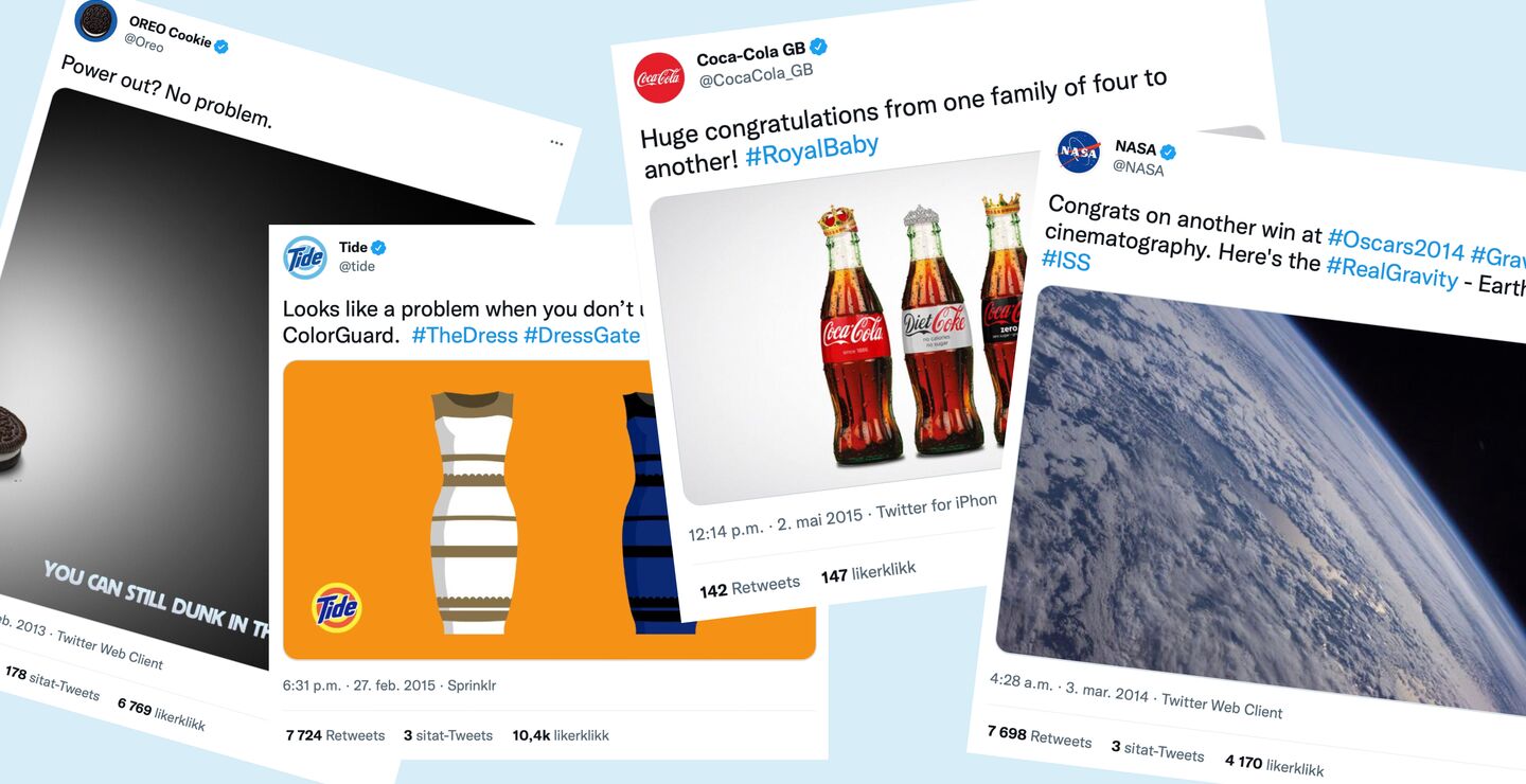 Image showing four examples from Twitter of real-time marketing.