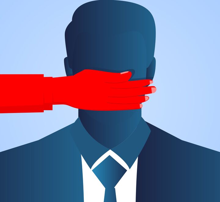Stylized image of red hand covering the mouth of man in suit