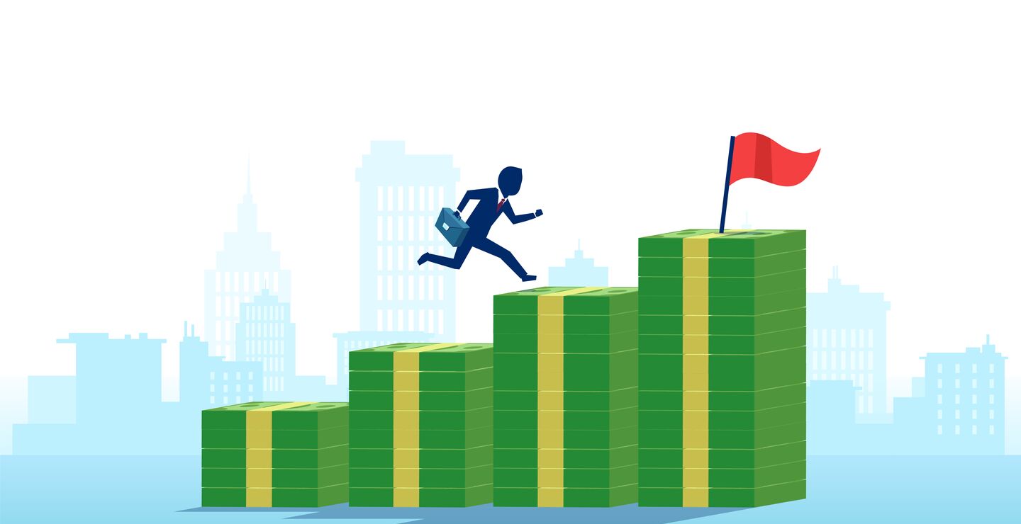 Illustration of business man running up increasing piles of money