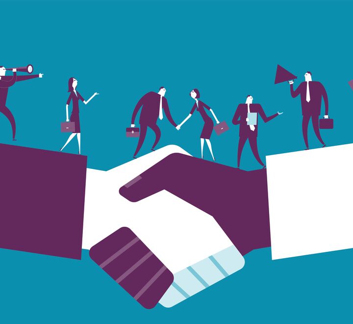 Illustrasjon av to hender som håndhilser med flere mennesker som går over de to hendene.