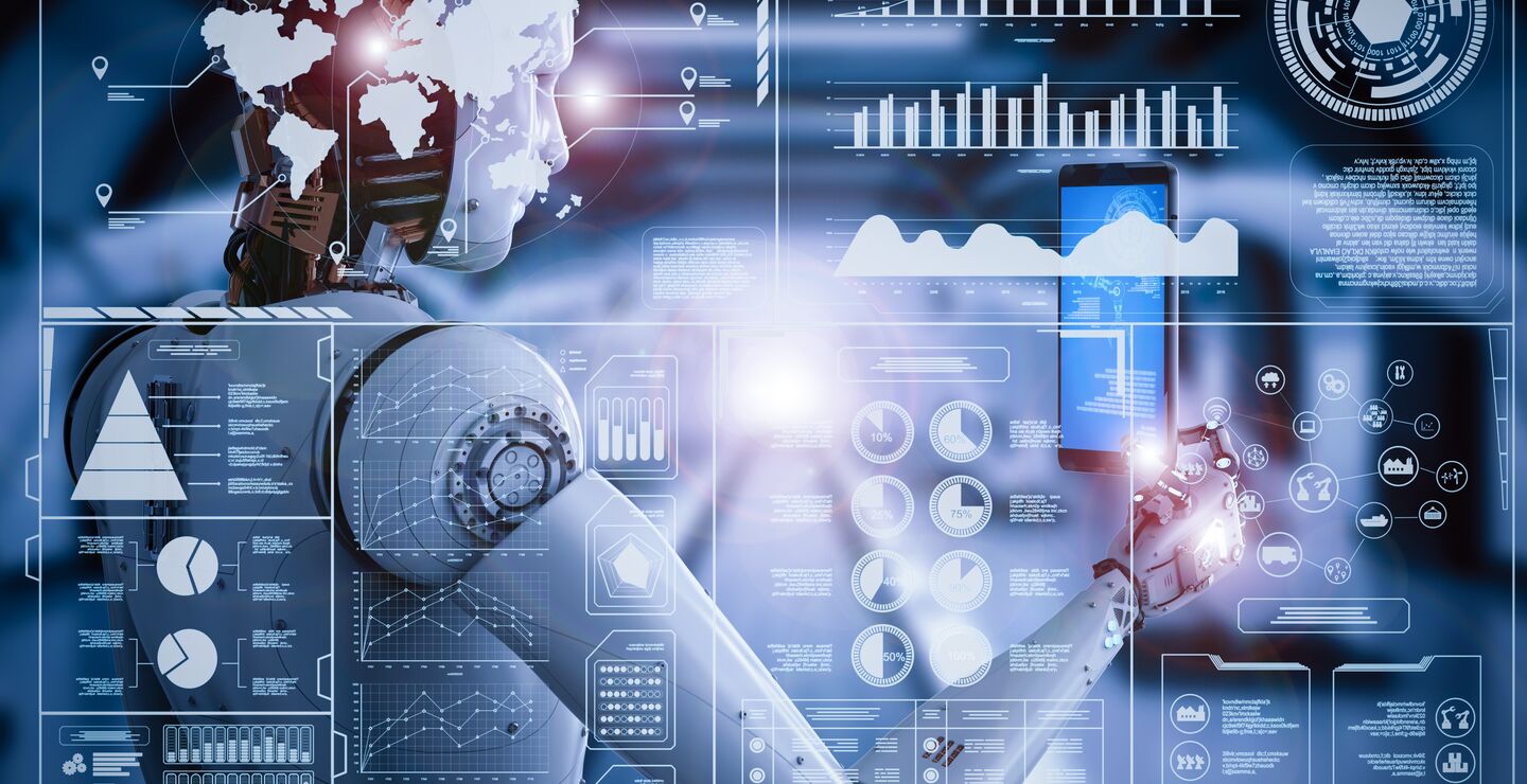 3d rendering robot working with digital display