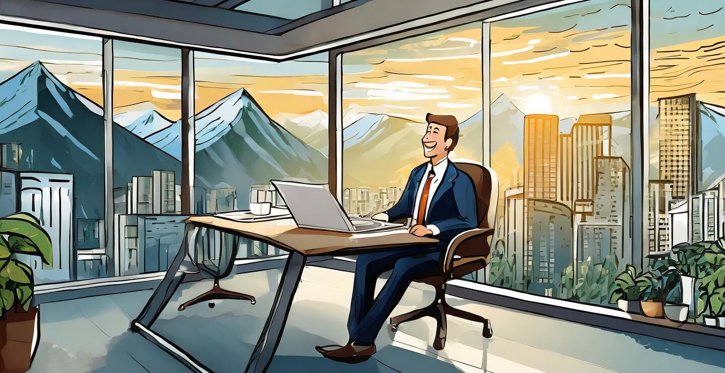 AI generated by Adobe Firefly. Prompt: CEO sitting in an office facing a larger office landscape. The office is half empty because AI has made work more efficient