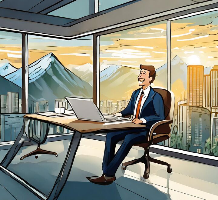 AI generated by Adobe Firefly. Prompt: CEO sitting in an office facing a larger office landscape. The office is half empty because AI has made work more efficient