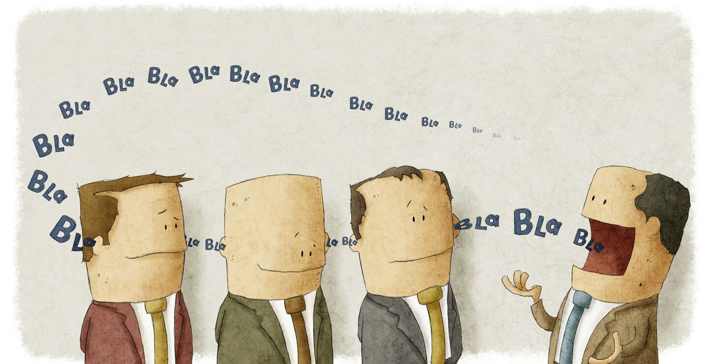 Illustrasjosntegning av en sjef som sier bla bla til sine ansatte