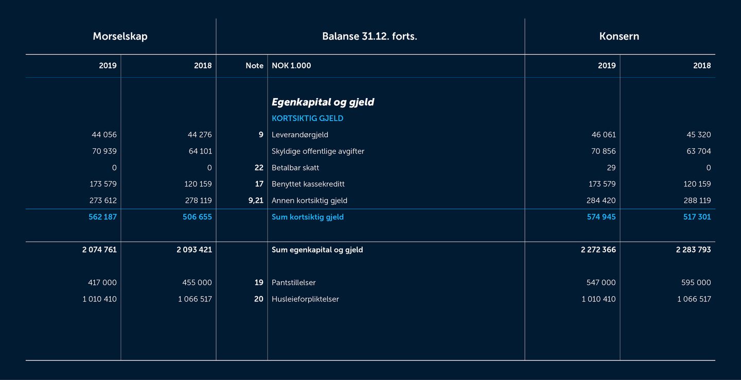 Skjermbilde av balanseresultatet for 2019