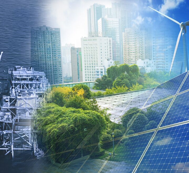 A collage with office buildings, panels and green trees