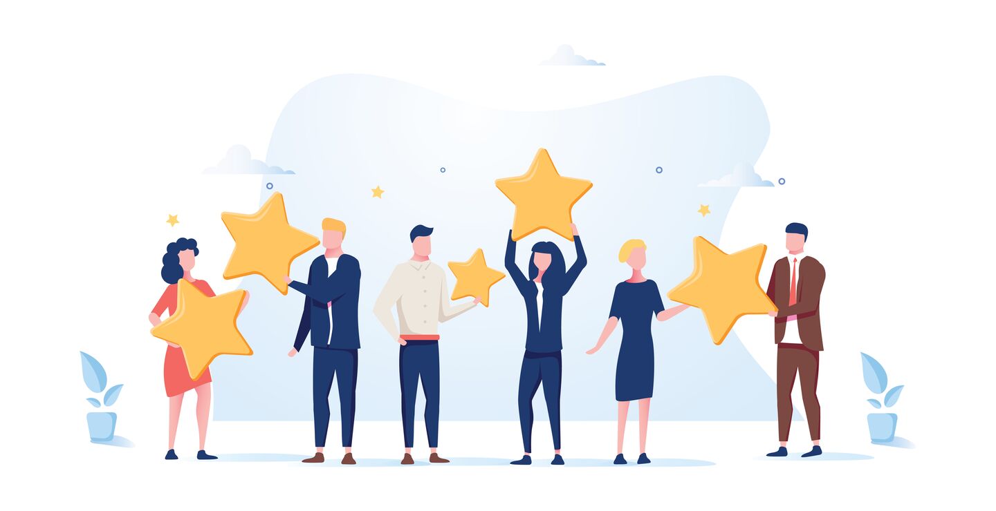 Illustrasjon av en gruppe mennesker som ser fornøyde ut og holder stjerner
