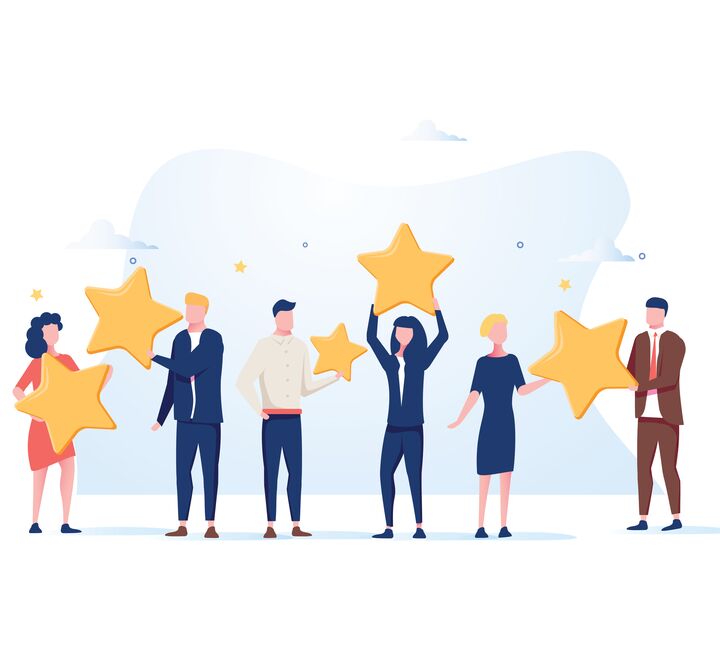 Illustrasjon av en gruppe mennesker som ser fornøyde ut og holder stjerner