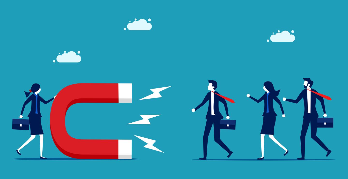 Illustrasjon av leder med stor magnet som tiltrekker seg ansatte