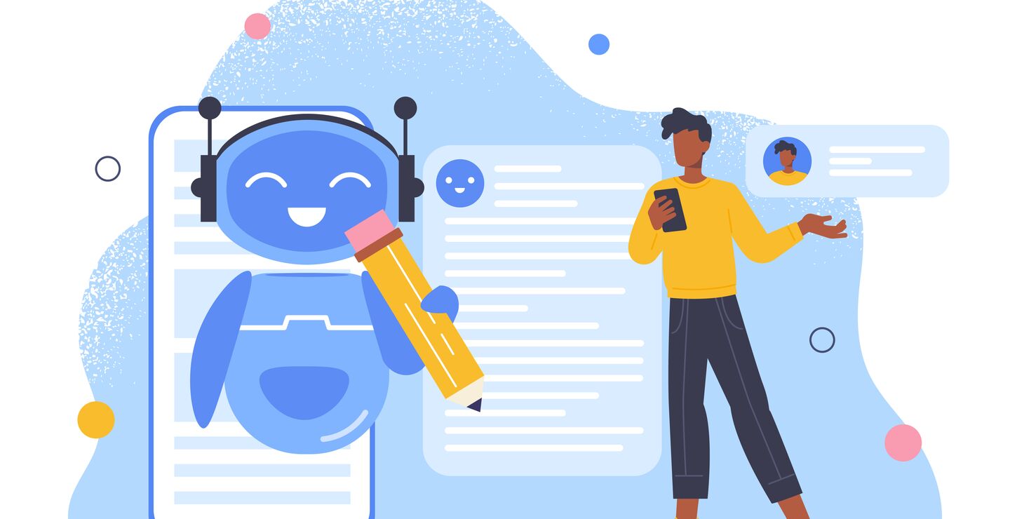 Illustration of chatbot and man on his smartphone