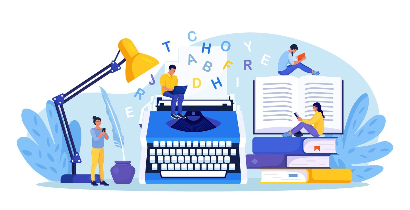 Illustrasjon av språk, ord, skrivemaskin, tale