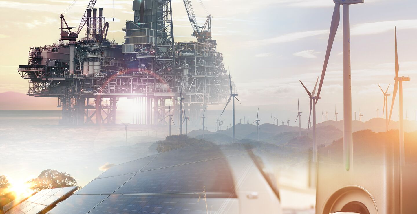 Den lange superkonjunkturen er trolig over nå for Norge. Da har vi ikke lenger råd til å leve på samme måte som før, hverken statlig eller privat, skriver Knut Anton Mork i kronikken. På bildet ulike energikilder som oljeplattform, vindmøller. solceller og bensinpumpe. 