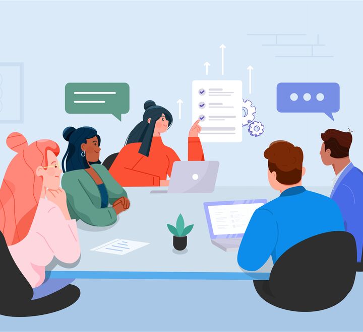 En illustrasjonstegning av mennesker i møte, ene kvinnen peker på bordet