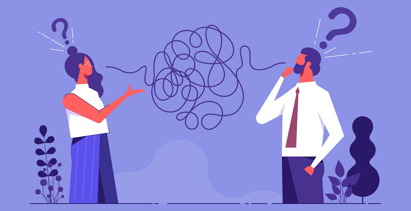 Graphic illustration of two people misunderstanding one another.