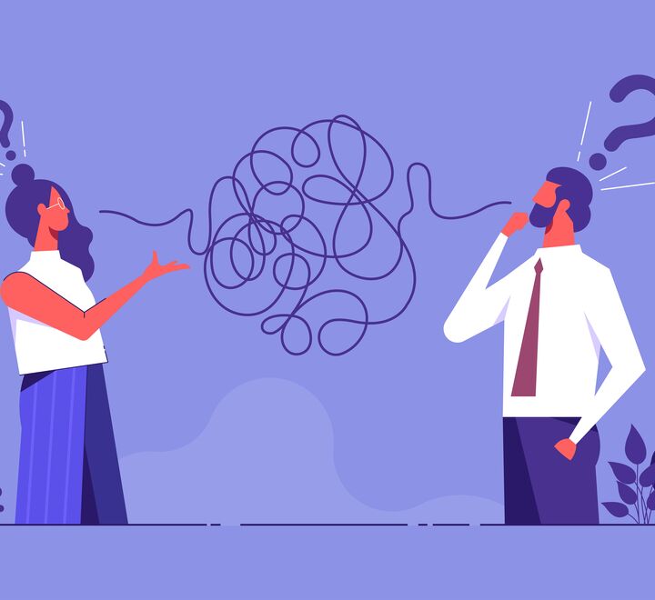 Graphic illustration of two people misunderstanding one another.