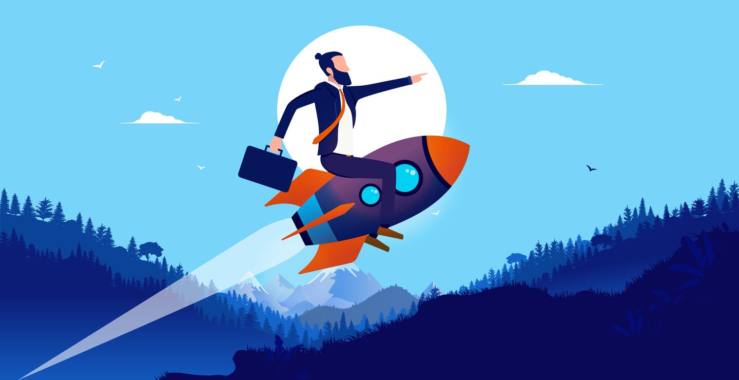 Illustrasjon av forretningsmann som flyr på en rakett.