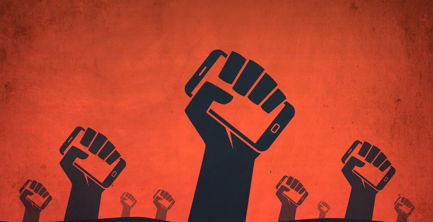 Illustration of fists holding mobiles