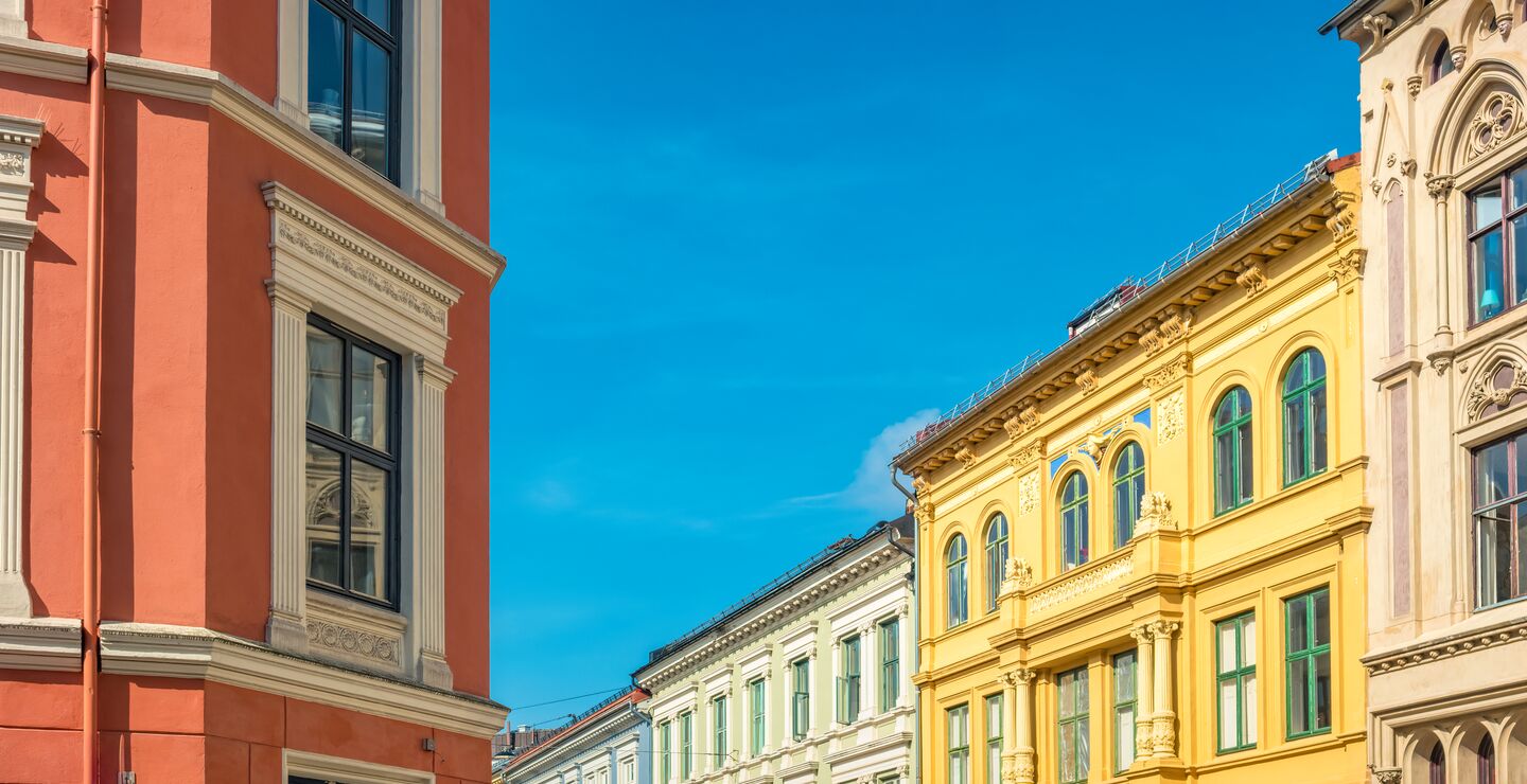 Colorful townhouses in a residential district in downtown Oslo Norway.