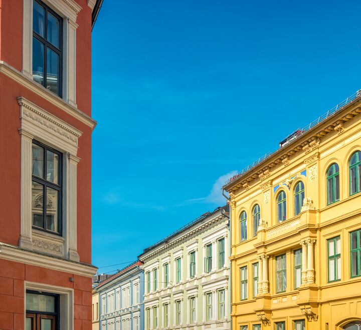 Colorful townhouses in a residential district in downtown Oslo Norway.