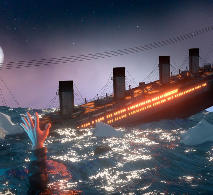 Illustrasjonbildet av Titanic som synker med en hånd som stikker opp av vannet i forgrunnen
