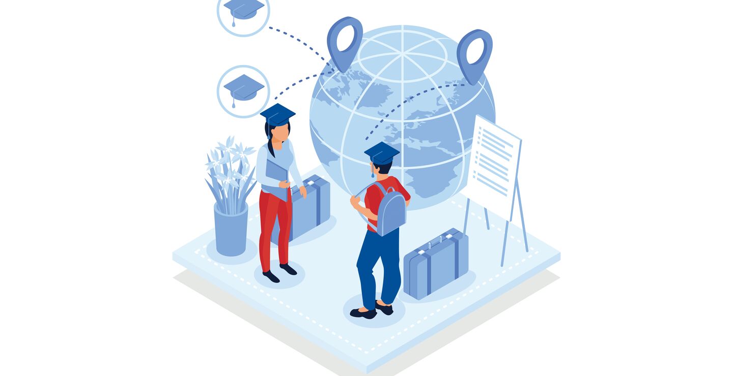 Grafisk illustrasjon av to utenlandsstudenter ved siden av en stilisert jordklode.