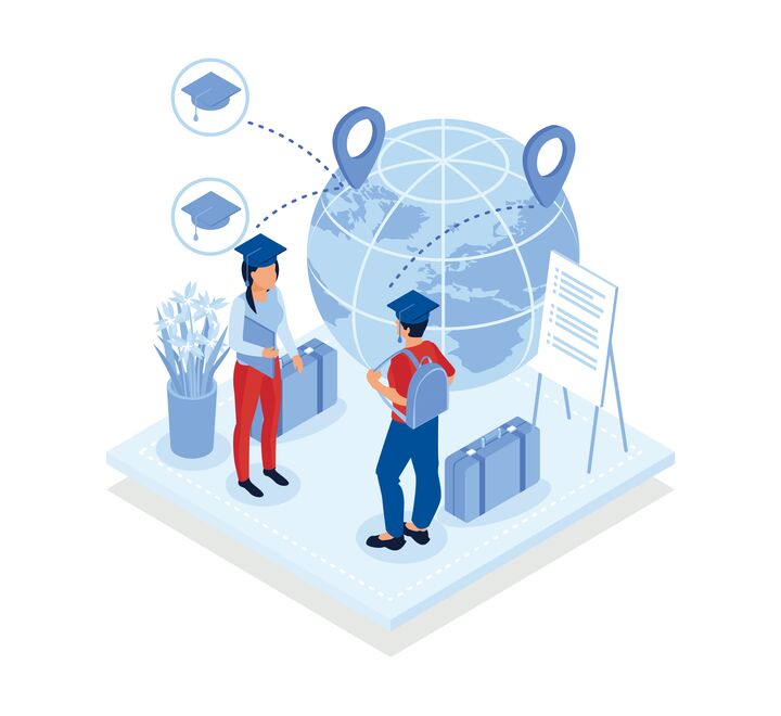 Grafisk illustrasjon av to utenlandsstudenter ved siden av en stilisert jordklode.