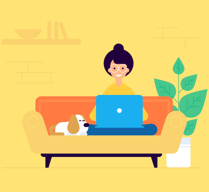 Illustrasjon av kvinnelig student i sofa med Laptop