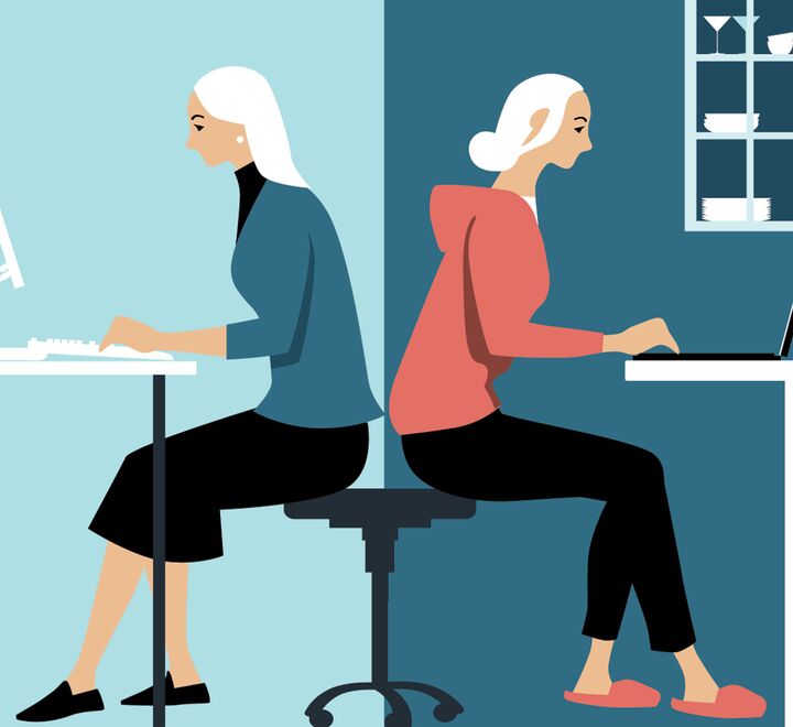 Illustration of hybrid working. Woman sits back to back between two computers at work and at home