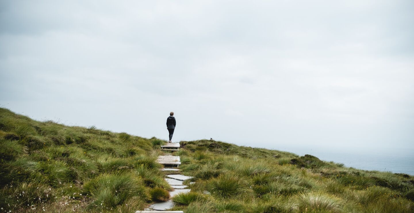 Person går bortover en sti i et grønt landskap.
