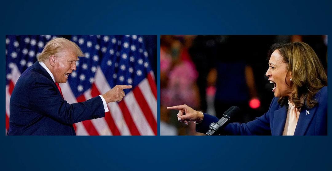Kombinasjonsbilde av Donald Trump og Kamala Harris som gestikulerer mot hverandre