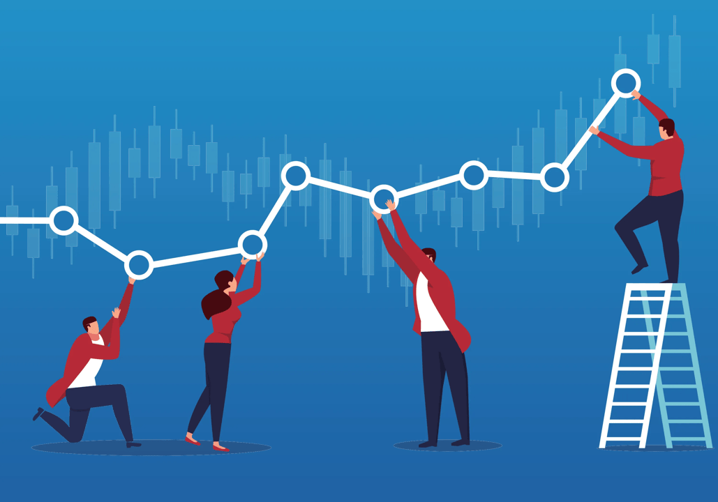 Illustrasjon av en graf med ansatte under som jobber med den
