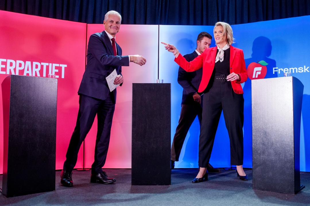 Jonas Gahr Støre og Sylvi Listhaug under valgkampen i 2025