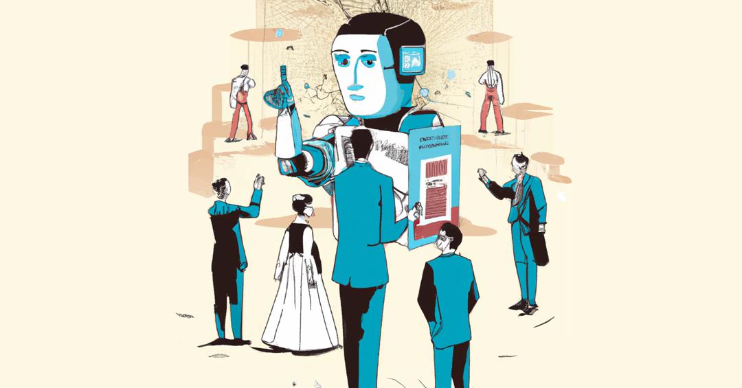 Illustrasjon av personer som står rundt en AI-robot.