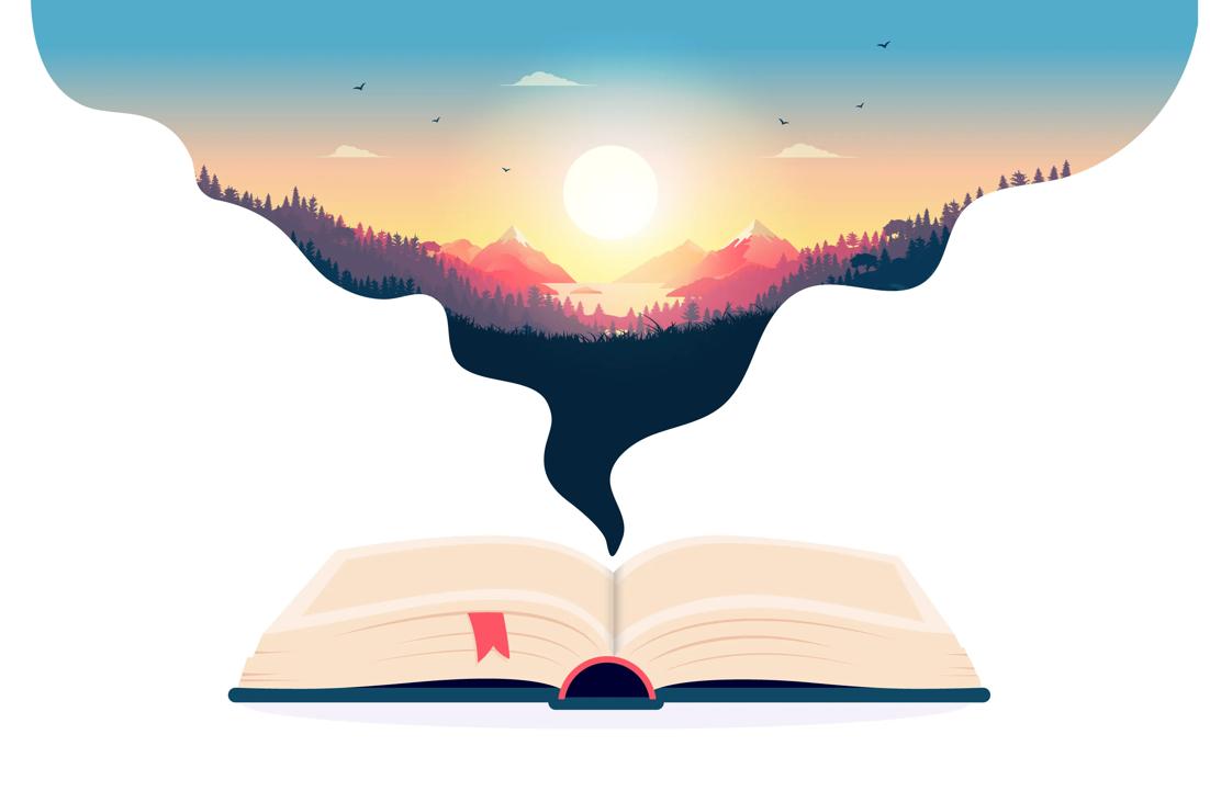 Illustrasjon av en åpen bok og ut av boken kommer det et drømmende landskap med solnedgang, fjell, hav og skog.