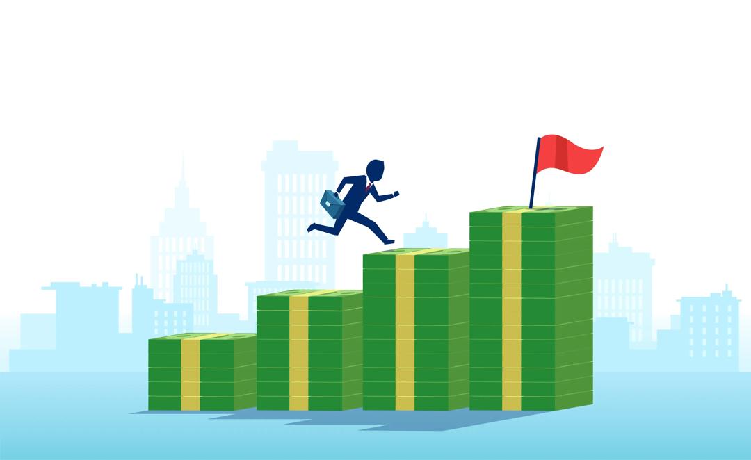 Illustration of business man running up increasing piles of money