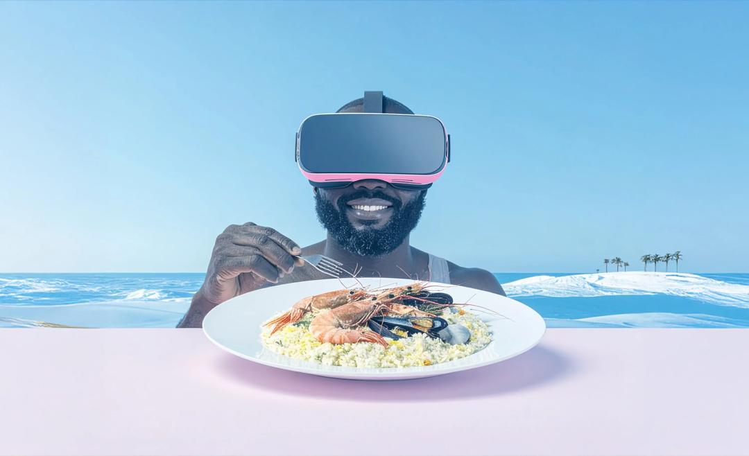 An AI generated image of a man holding a fork above a plate of seafood, set against a seaside vista