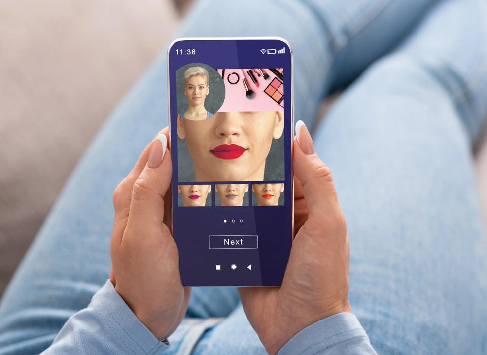 Woman trying different lipsticks with an app