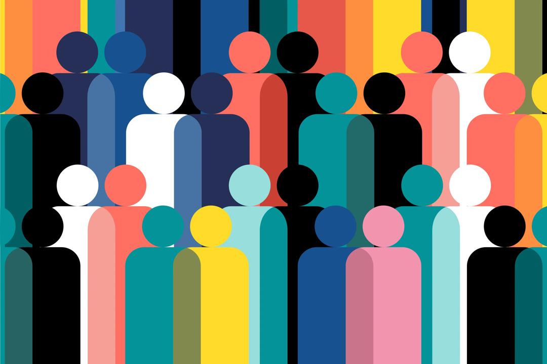 Geometric illustration of multi coloured human figures.