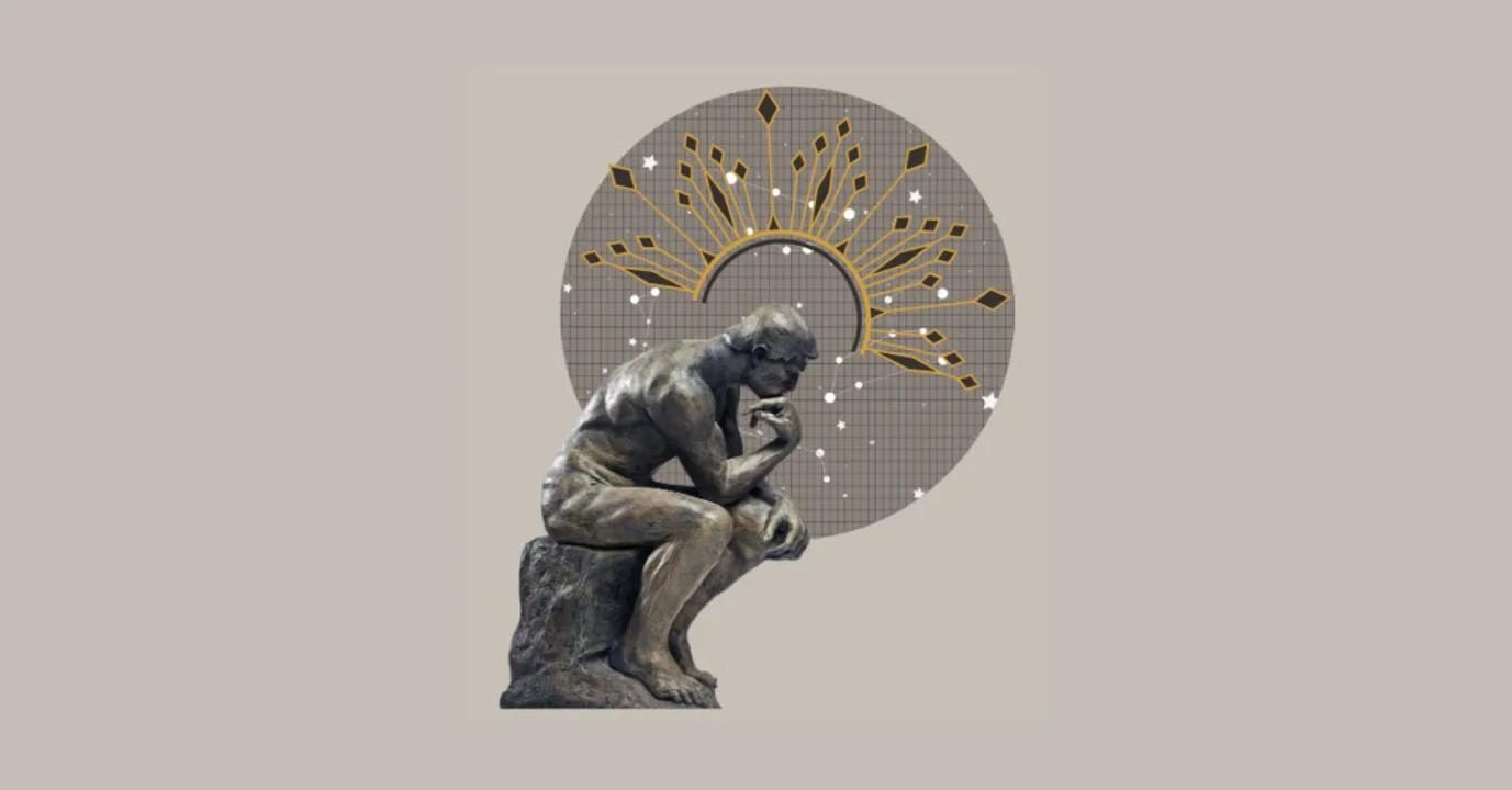 Illustrasjon av en statue som sitter betenkt.
