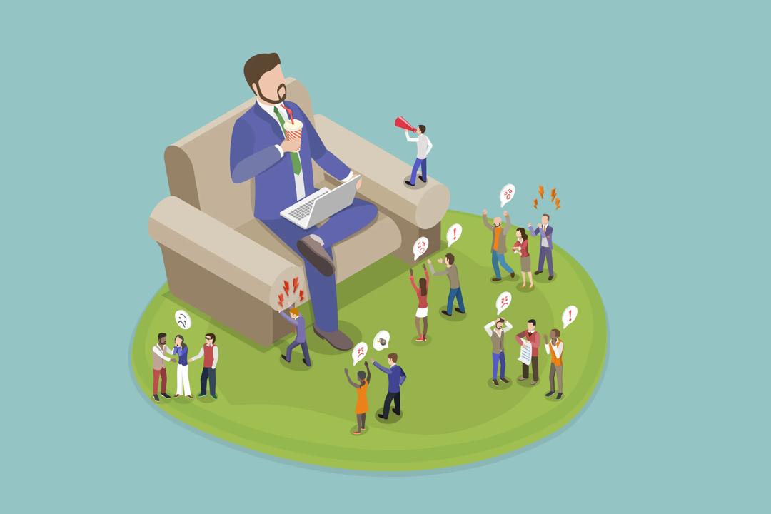 Illustration of giant businessman in a chair surrounded by small employees