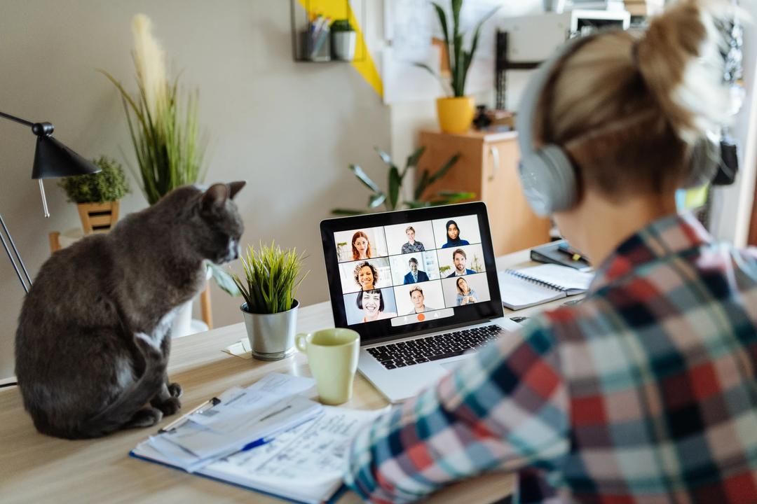Dame som har hjemmekontor mens hun er med p&aring; et videom&oslash;te 
