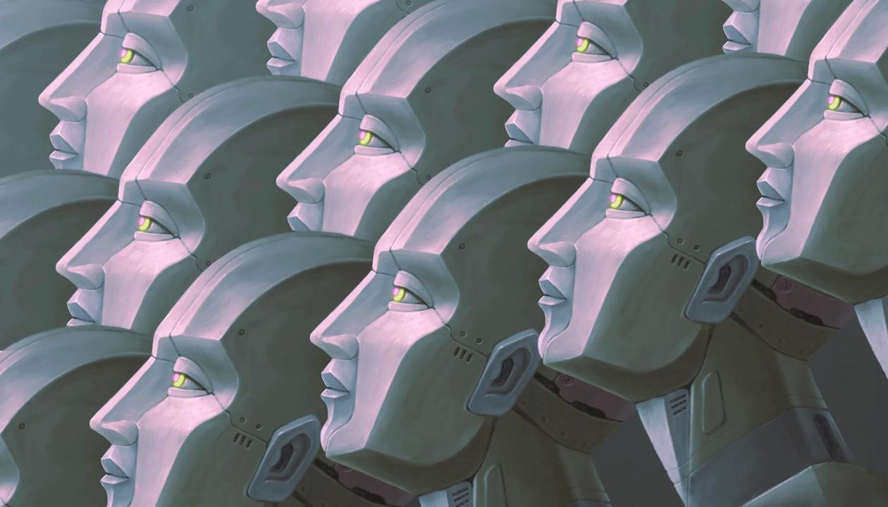 Surreal futuristic art showing a group of robots.