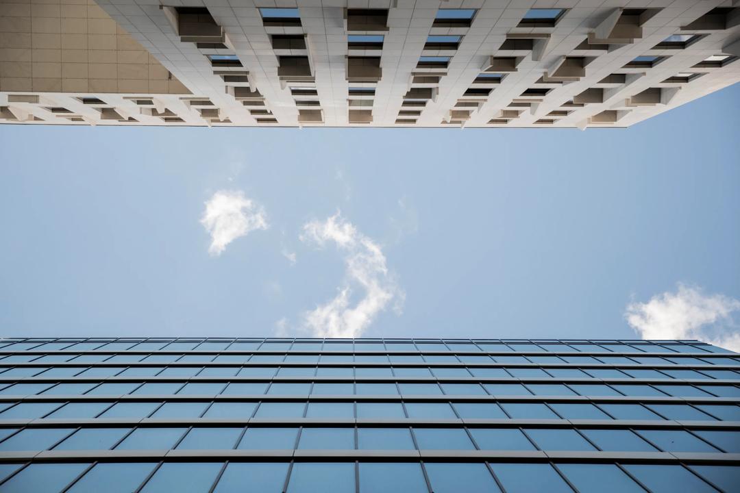 Parallel walls of two modern buildings