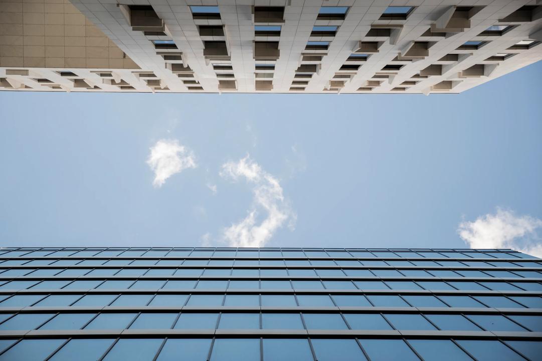 Parallel walls of two modern buildings