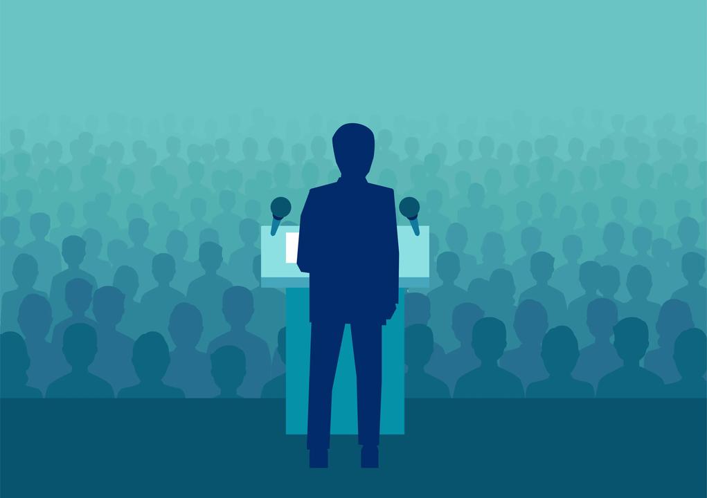 Illustration of politician in front of crowd