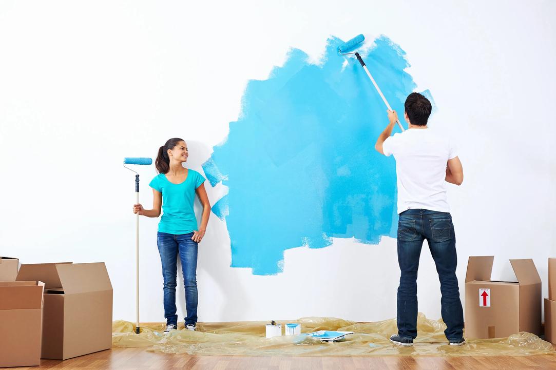 Couple,Painting,New,Home,Together,With,Blue,Color,Happy,And